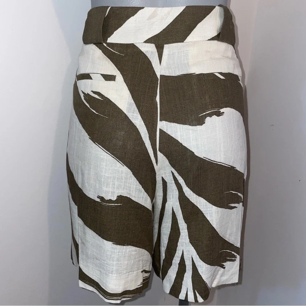 Massimo Dutti Bermuda Shorts Pleated Linen Brown Off White Palm Botanical NWT 10 - Picture 5 of 9